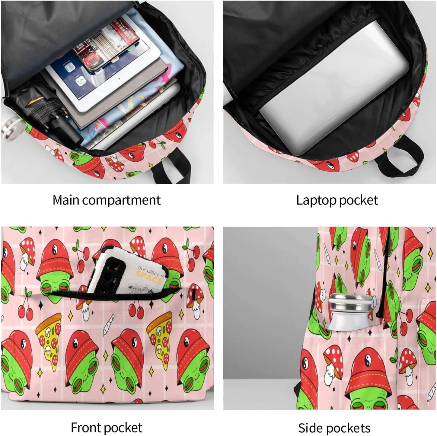 Mushrooms Cherry Trippy Alien Stylish Backpack With Adjustable Padded Shoulder Straps Daypacks For College Travel