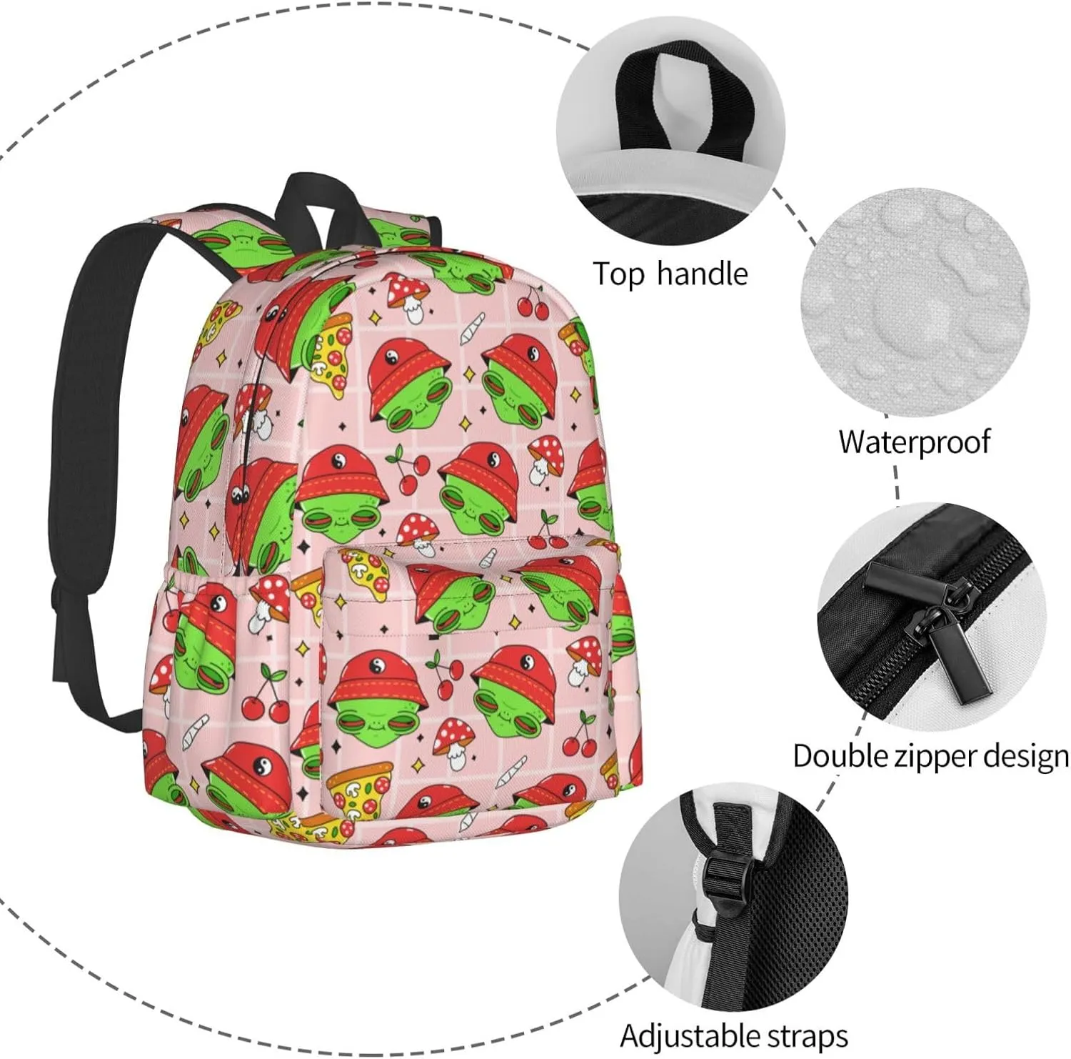 Mushrooms Cherry Trippy Alien Stylish Backpack With Adjustable Padded Shoulder Straps Daypacks For College Travel