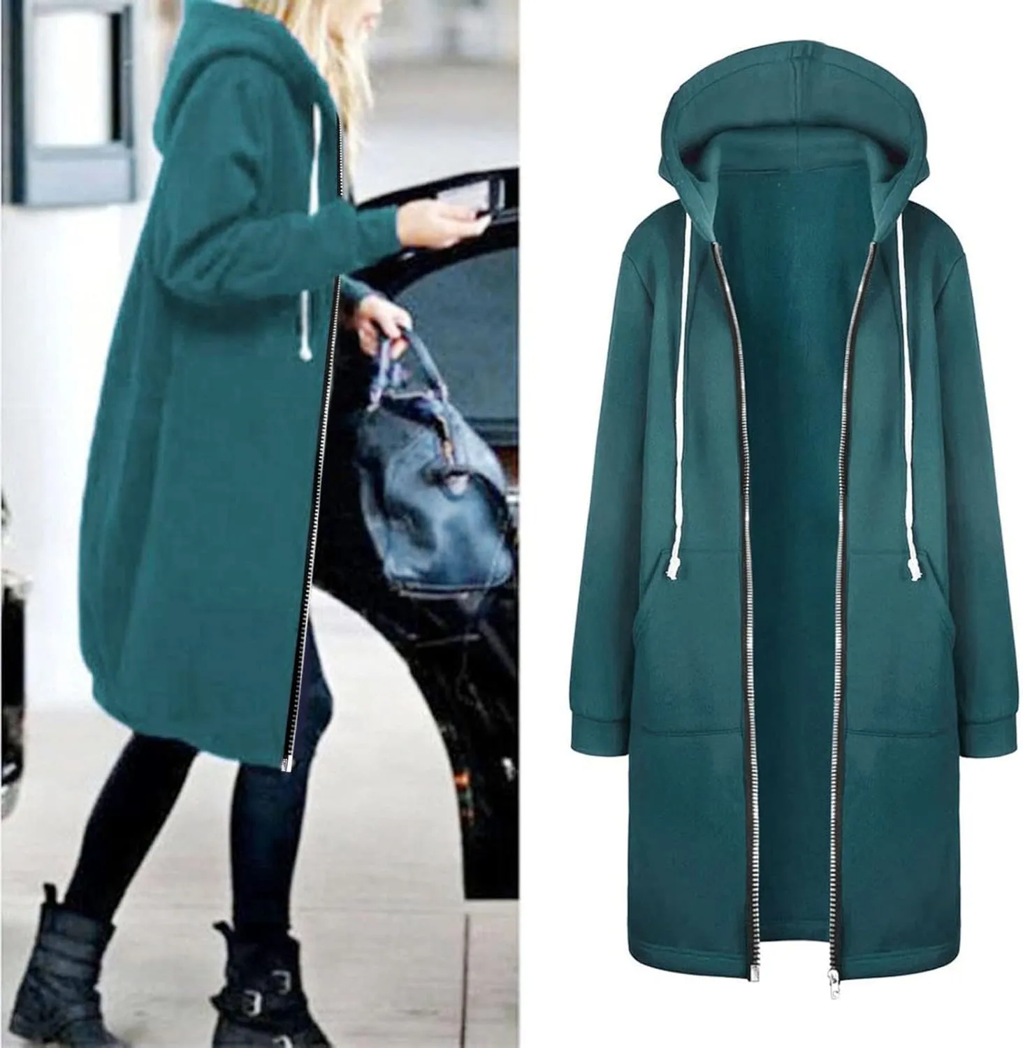 Muyise Women's Casual Zip Up Long Hoodies Tunic Sweatshirt Winter Warm Long Sleeve Hooded Outerwear Jacket Coat with Pockets