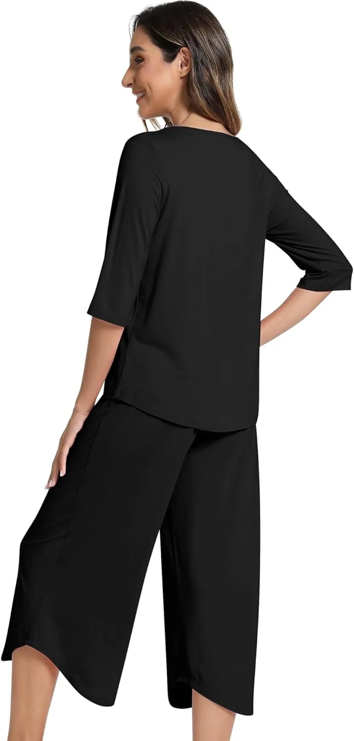 NACHILA Pajamas for Women-Viscose Made from Bamboo, 3/4 Sleeve Sleepwear with Capri Pants Pajama Set Cool Pjs Soft Loungewear