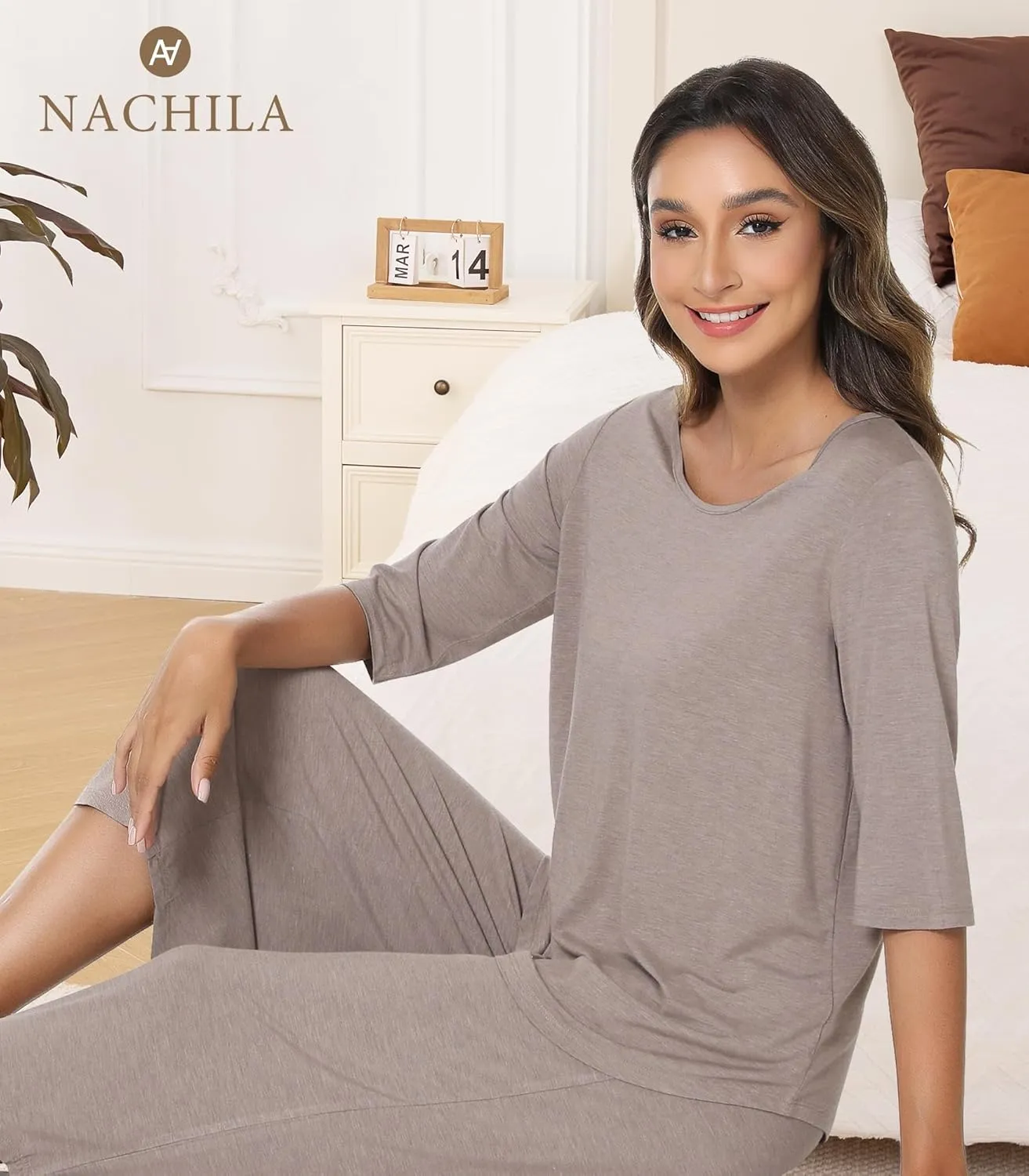 NACHILA Pajamas for Women-Viscose Made from Bamboo, 3/4 Sleeve Sleepwear with Capri Pants Pajama Set Cool Pjs Soft Loungewear