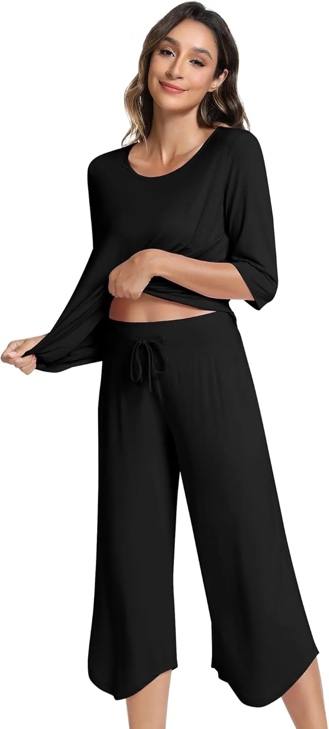 NACHILA Pajamas for Women-Viscose Made from Bamboo, 3/4 Sleeve Sleepwear with Capri Pants Pajama Set Cool Pjs Soft Loungewear
