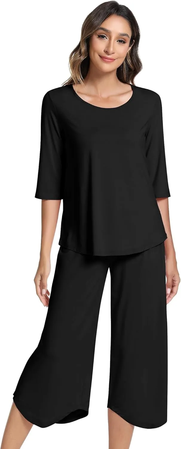NACHILA Pajamas for Women-Viscose Made from Bamboo, 3/4 Sleeve Sleepwear with Capri Pants Pajama Set Cool Pjs Soft Loungewear