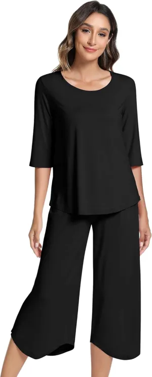 NACHILA Pajamas for Women-Viscose Made from Bamboo, 3/4 Sleeve Sleepwear with Capri Pants Pajama Set Cool Pjs Soft Loungewear