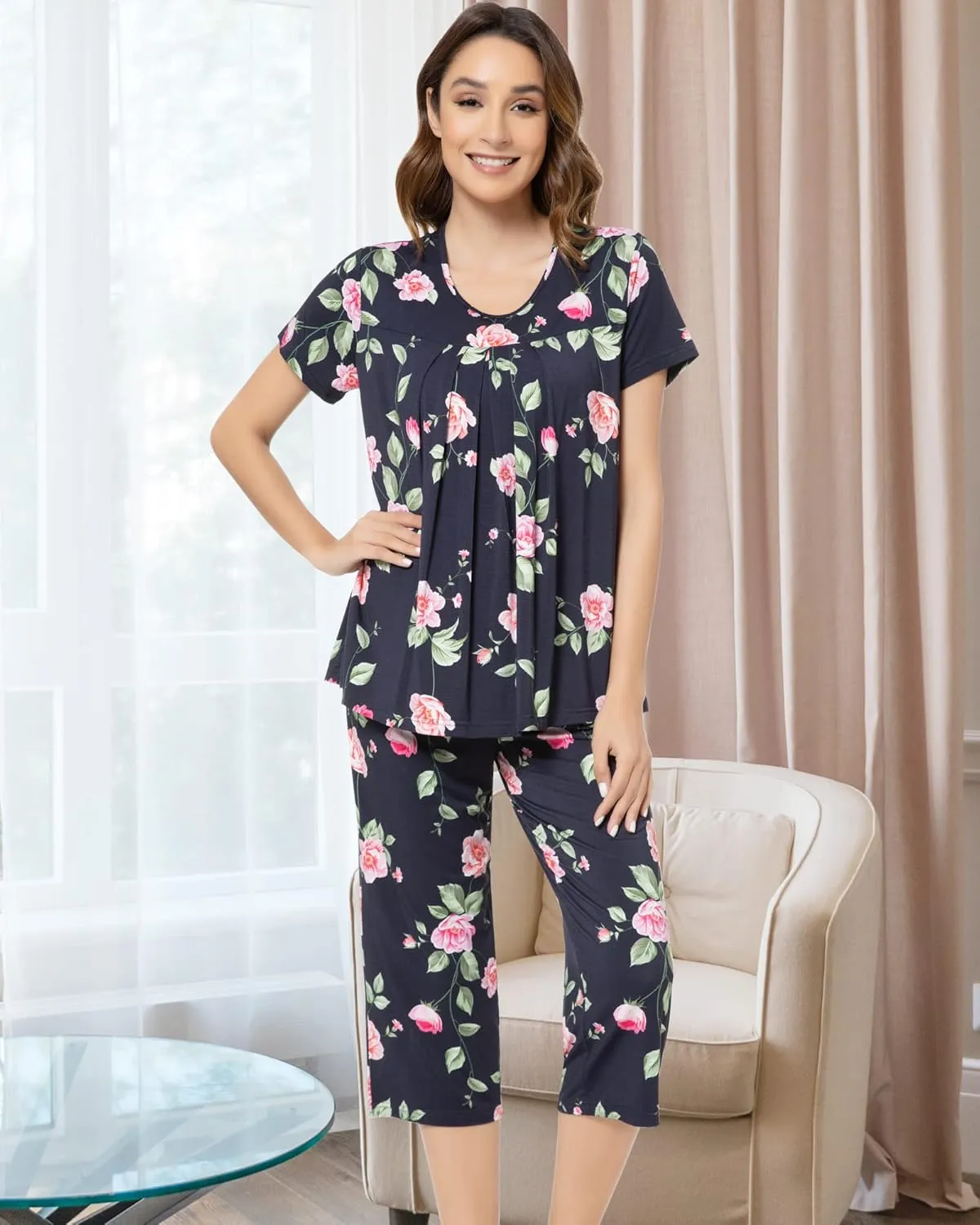 NACHILA Pajamas for Women-Viscose Made from Bamboo,Short Sleeve Sleepwear Cooling Pjs Top Ladies Soft Capri Pants Pajama Sets