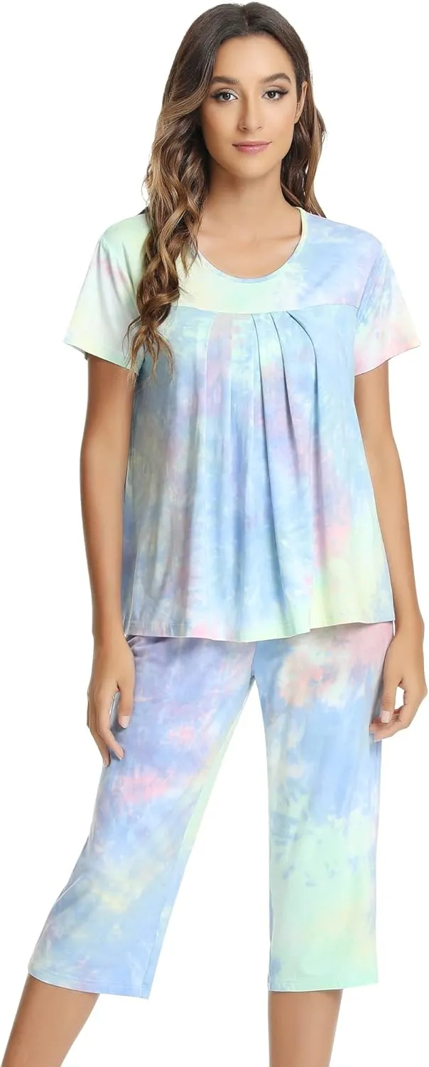 NACHILA Pajamas for Women-Viscose Made from Bamboo,Short Sleeve Sleepwear Cooling Pjs Top Ladies Soft Capri Pants Pajama Sets