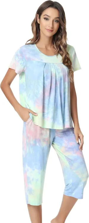 NACHILA Pajamas for Women-Viscose Made from Bamboo,Short Sleeve Sleepwear Cooling Pjs Top Ladies Soft Capri Pants Pajama Sets