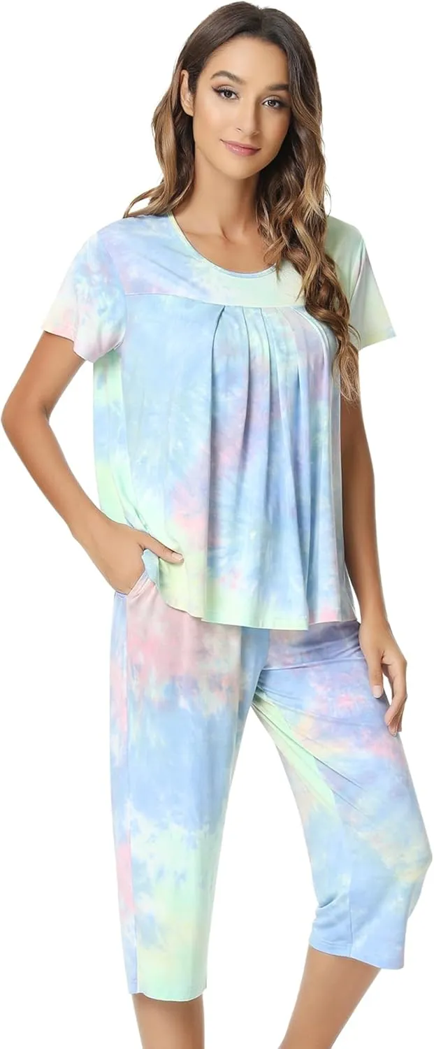 NACHILA Pajamas for Women-Viscose Made from Bamboo,Short Sleeve Sleepwear Cooling Pjs Top Ladies Soft Capri Pants Pajama Sets