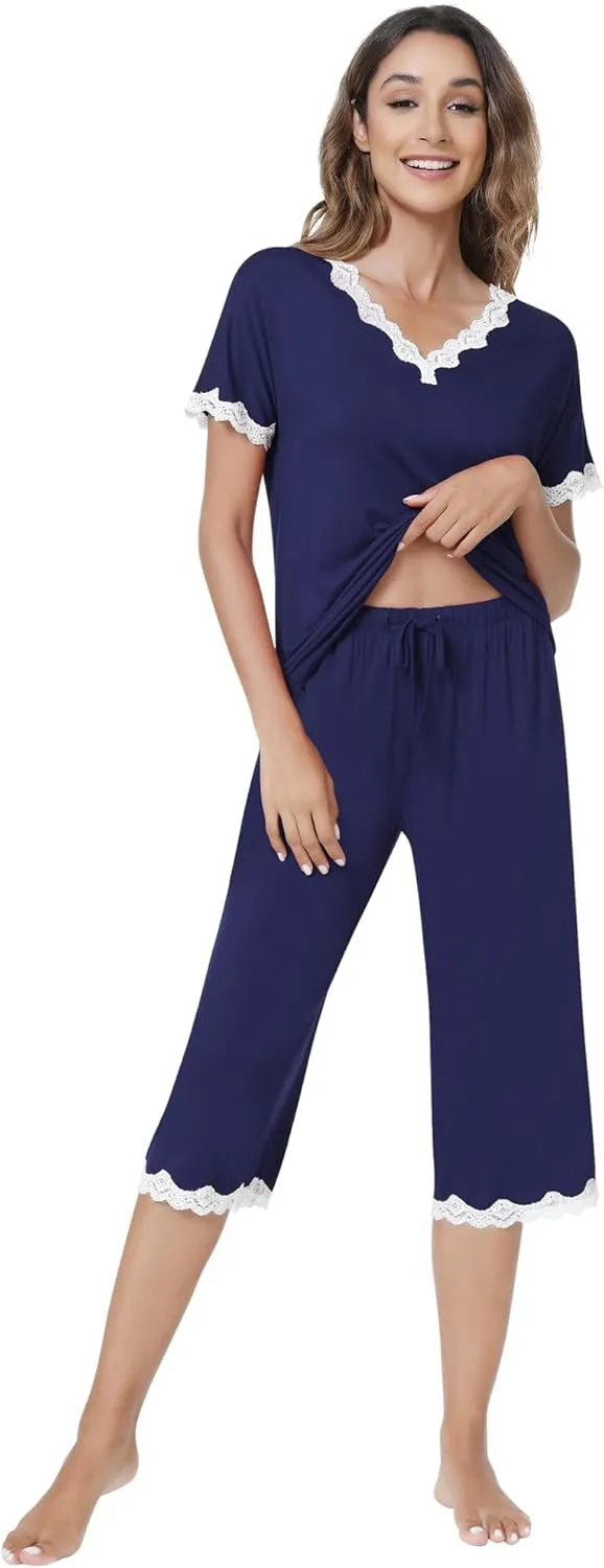 NACHILA Women's Pajamas-Viscose Made from Bamboo, Soft Capri Pants Pajamas Set Short Sleeve Pjs Top Cooling V Neck Sleepwear