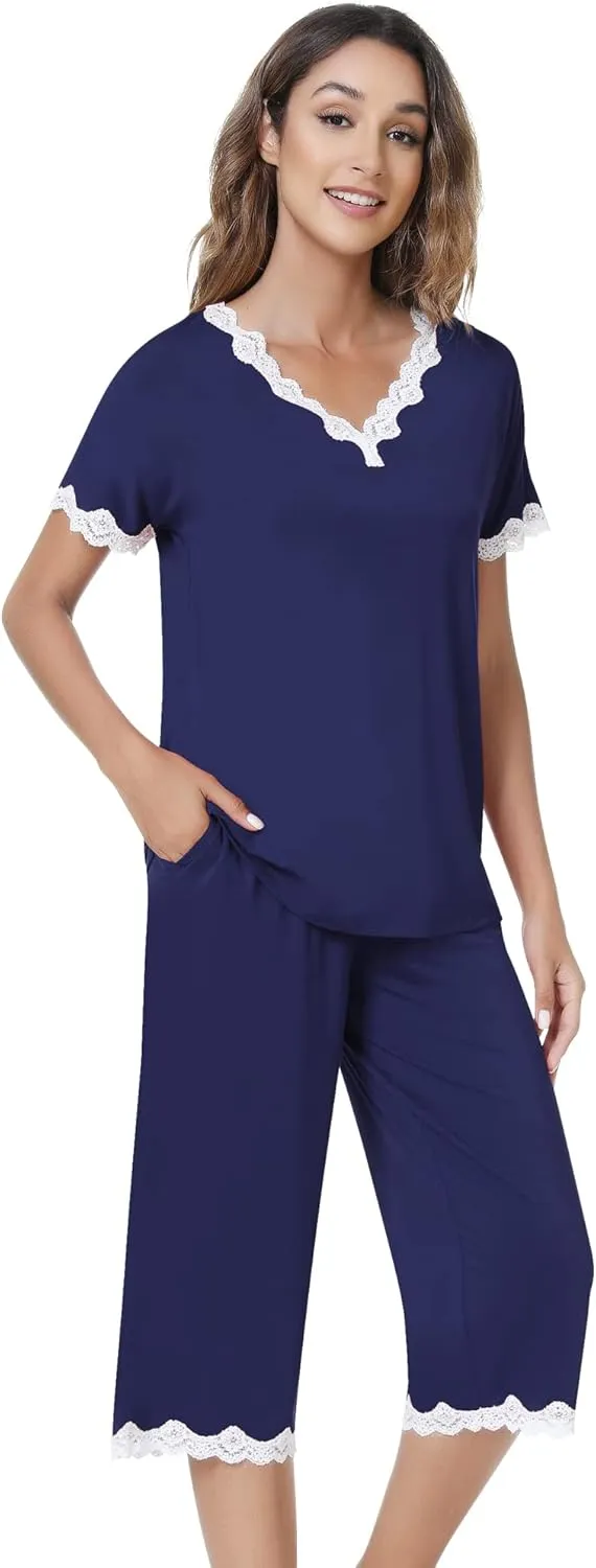 NACHILA Women's Pajamas-Viscose Made from Bamboo, Soft Capri Pants Pajamas Set Short Sleeve Pjs Top Cooling V Neck Sleepwear