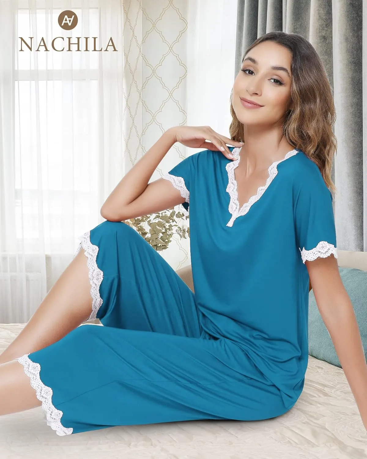 NACHILA Women's Pajamas-Viscose Made from Bamboo, Soft Capri Pants Pajamas Set Short Sleeve Pjs Top Cooling V Neck Sleepwear