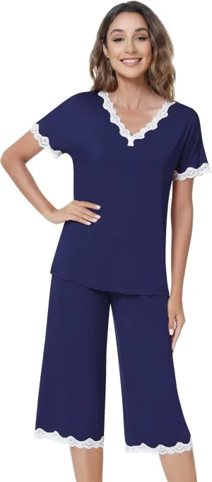 NACHILA Women's Pajamas-Viscose Made from Bamboo, Soft Capri Pants Pajamas Set Short Sleeve Pjs Top Cooling V Neck Sleepwear