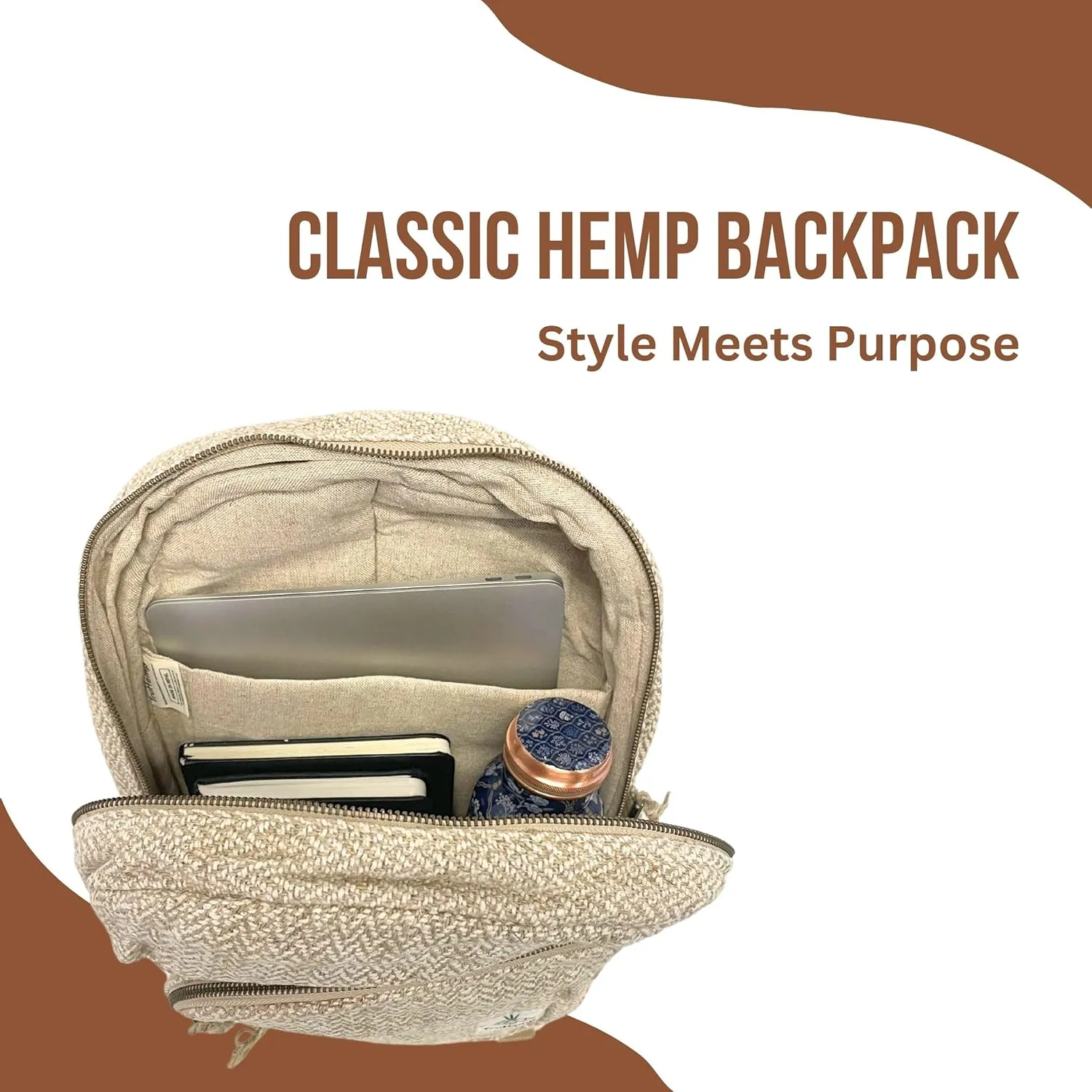 Natural Hemp Backpack, Beige  Stylish Bag with Secure Zippers, Triple Compartment Design, 15L Capacity