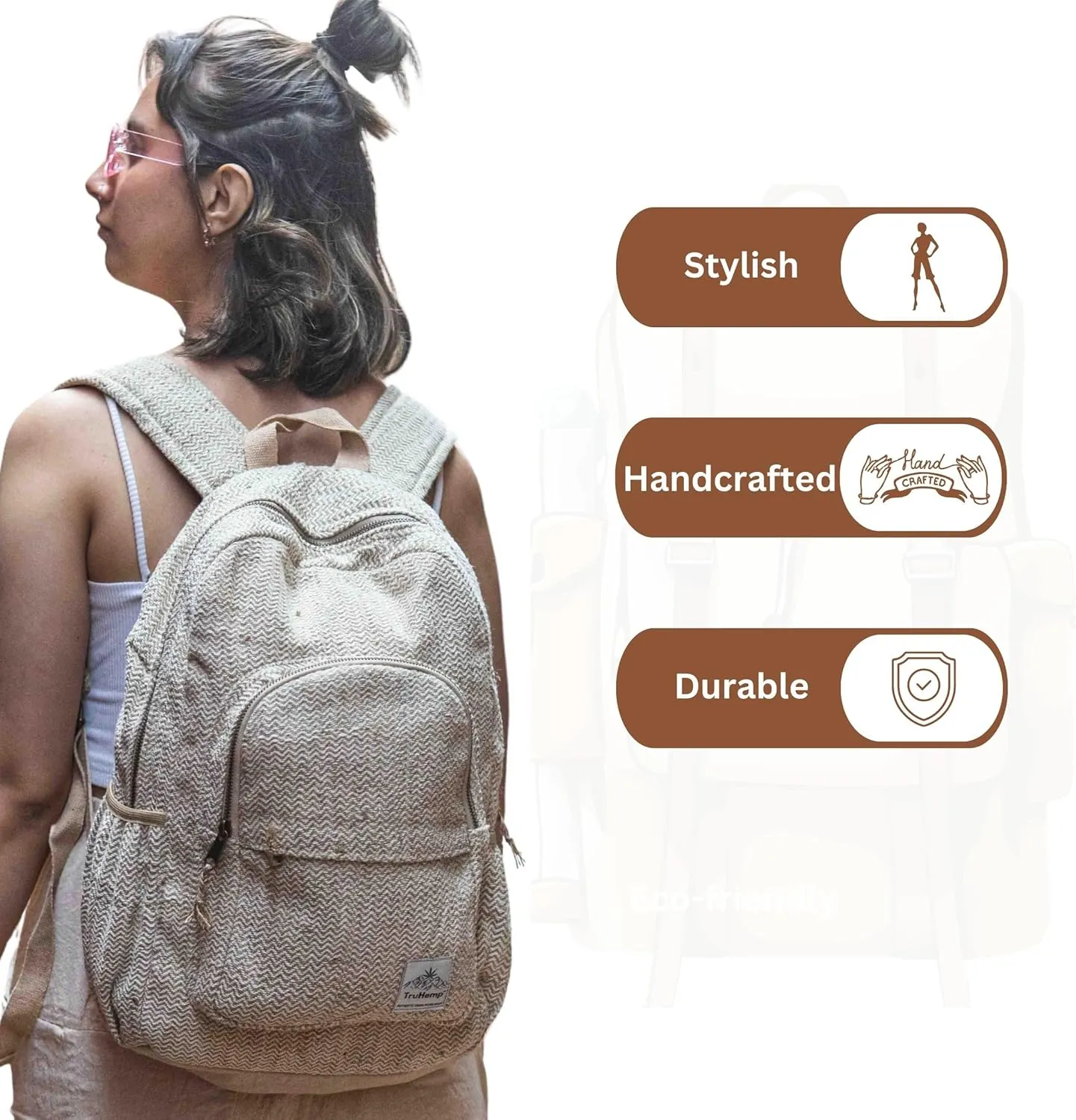 Natural Hemp Backpack, Beige  Stylish Bag with Secure Zippers, Triple Compartment Design, 15L Capacity