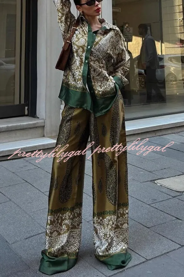 Naya Satin Contrast Color Paisley Long Sleeve Shirt and Elastic Waist Pocketed Pants Set