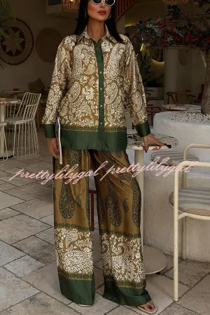 Naya Satin Contrast Color Paisley Long Sleeve Shirt and Elastic Waist Pocketed Pants Set