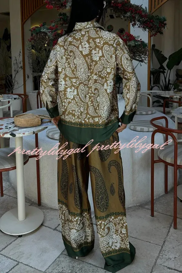 Naya Satin Contrast Color Paisley Long Sleeve Shirt and Elastic Waist Pocketed Pants Set