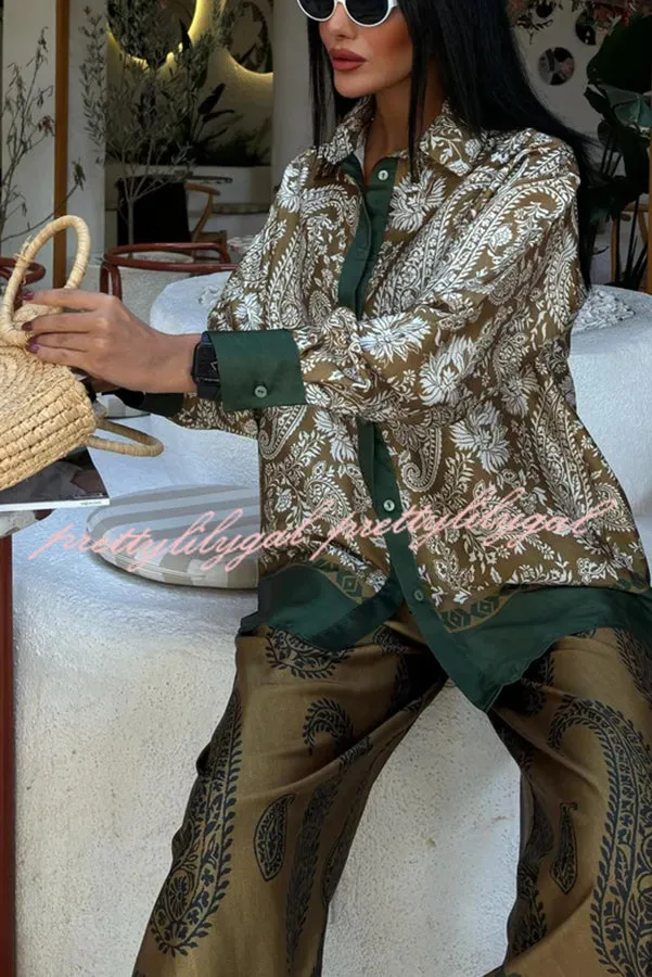 Naya Satin Contrast Color Paisley Long Sleeve Shirt and Elastic Waist Pocketed Pants Set