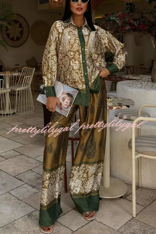 Naya Satin Contrast Color Paisley Long Sleeve Shirt and Elastic Waist Pocketed Pants Set