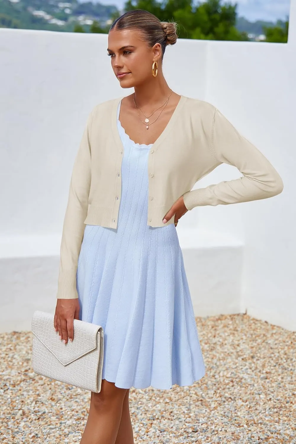 Newshows Womens 2025 Summer Cropped Cardigan Fashion Knit Bolero Shrug Long Sleeve V Neck Business Casual Sweater