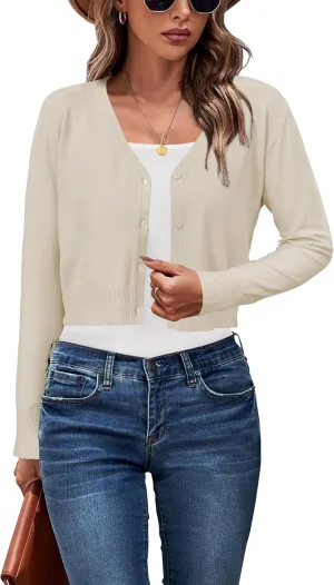 Newshows Womens 2025 Summer Cropped Cardigan Fashion Knit Bolero Shrug Long Sleeve V Neck Business Casual Sweater