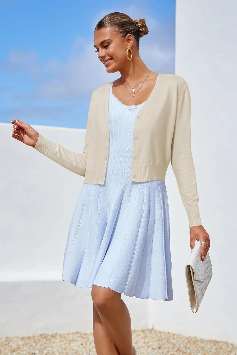 Newshows Womens 2025 Summer Cropped Cardigan Fashion Knit Bolero Shrug Long Sleeve V Neck Business Casual Sweater
