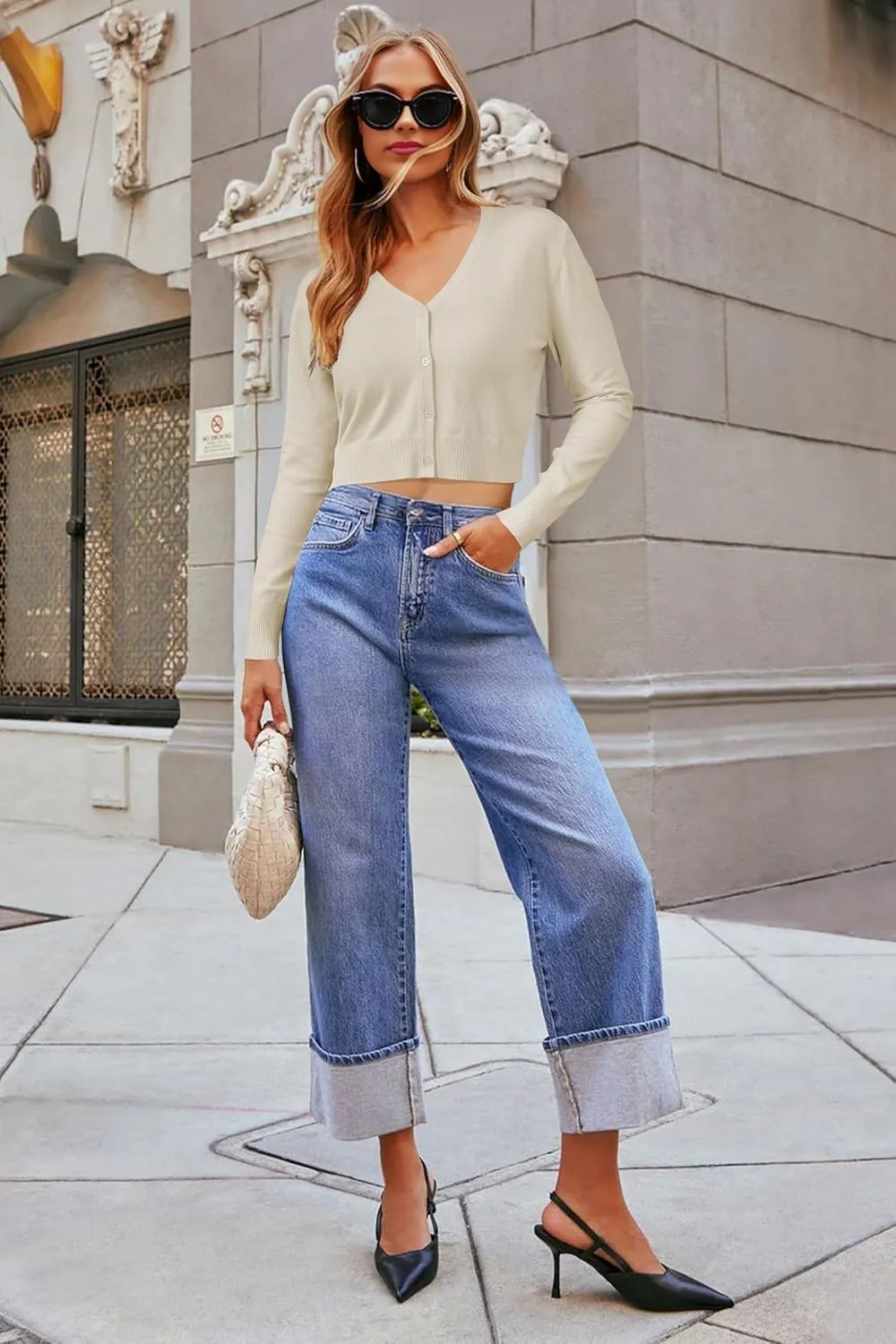 Newshows Womens 2025 Summer Cropped Cardigan Fashion Knit Bolero Shrug Long Sleeve V Neck Business Casual Sweater