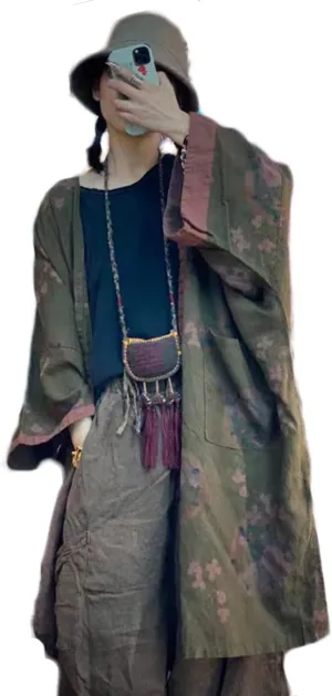 NFYM Women Fall Lightweight Open FrontJacket Linen Printed Kimono Cardigan Coat Outwear