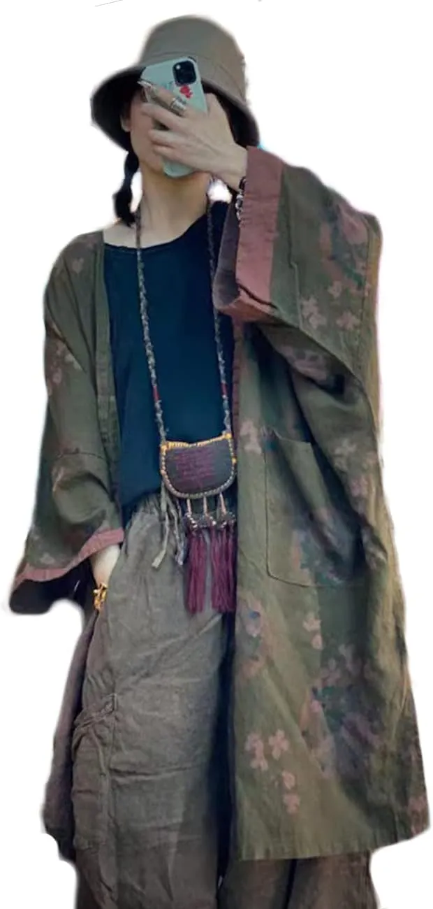 NFYM Women Fall Lightweight Open FrontJacket Linen Printed Kimono Cardigan Coat Outwear