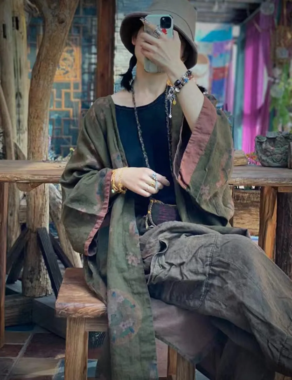 NFYM Women Fall Lightweight Open FrontJacket Linen Printed Kimono Cardigan Coat Outwear