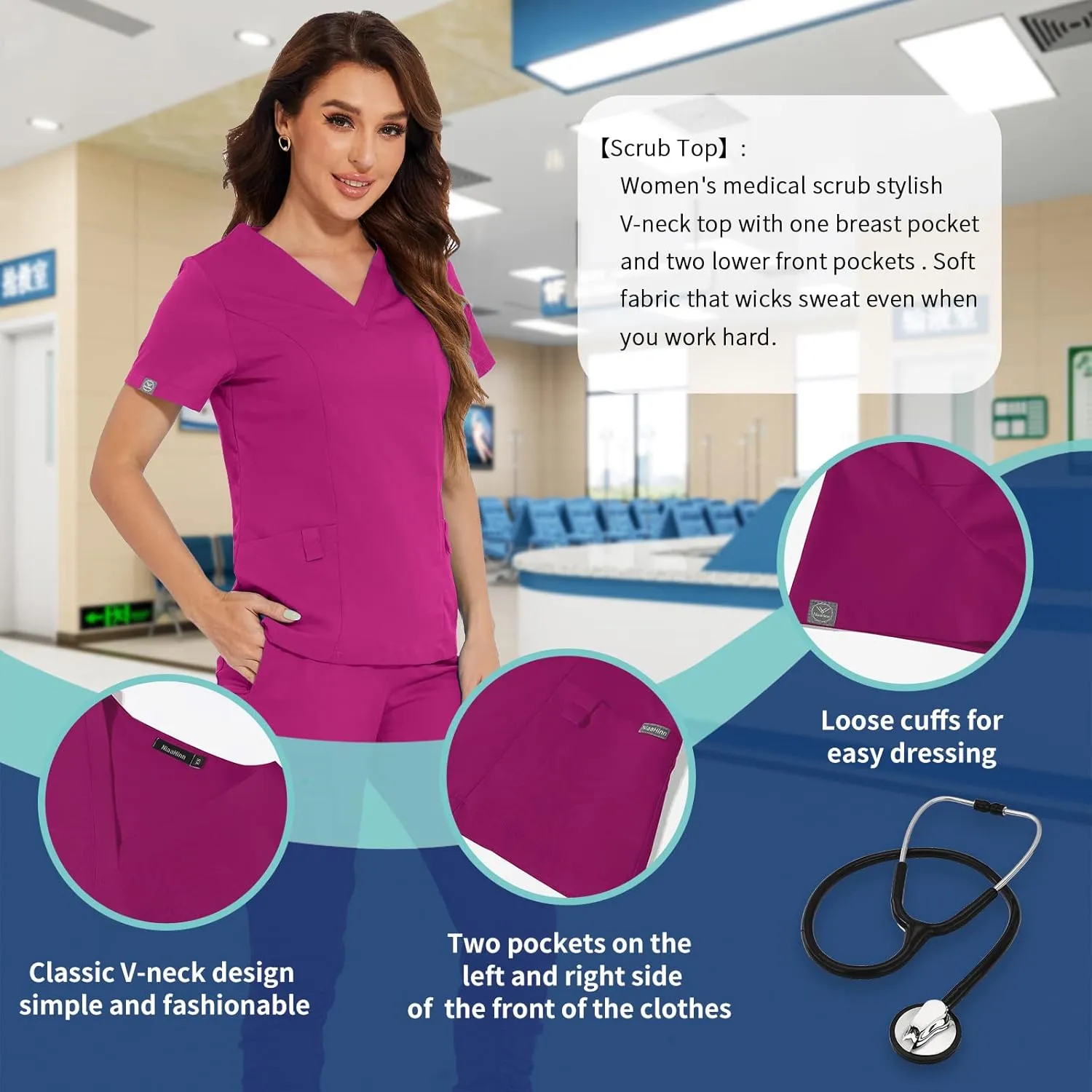 Niaahinn Classic V-Neck Scrub Set for Women - Top & Stylish Pants With Multi Pocket
