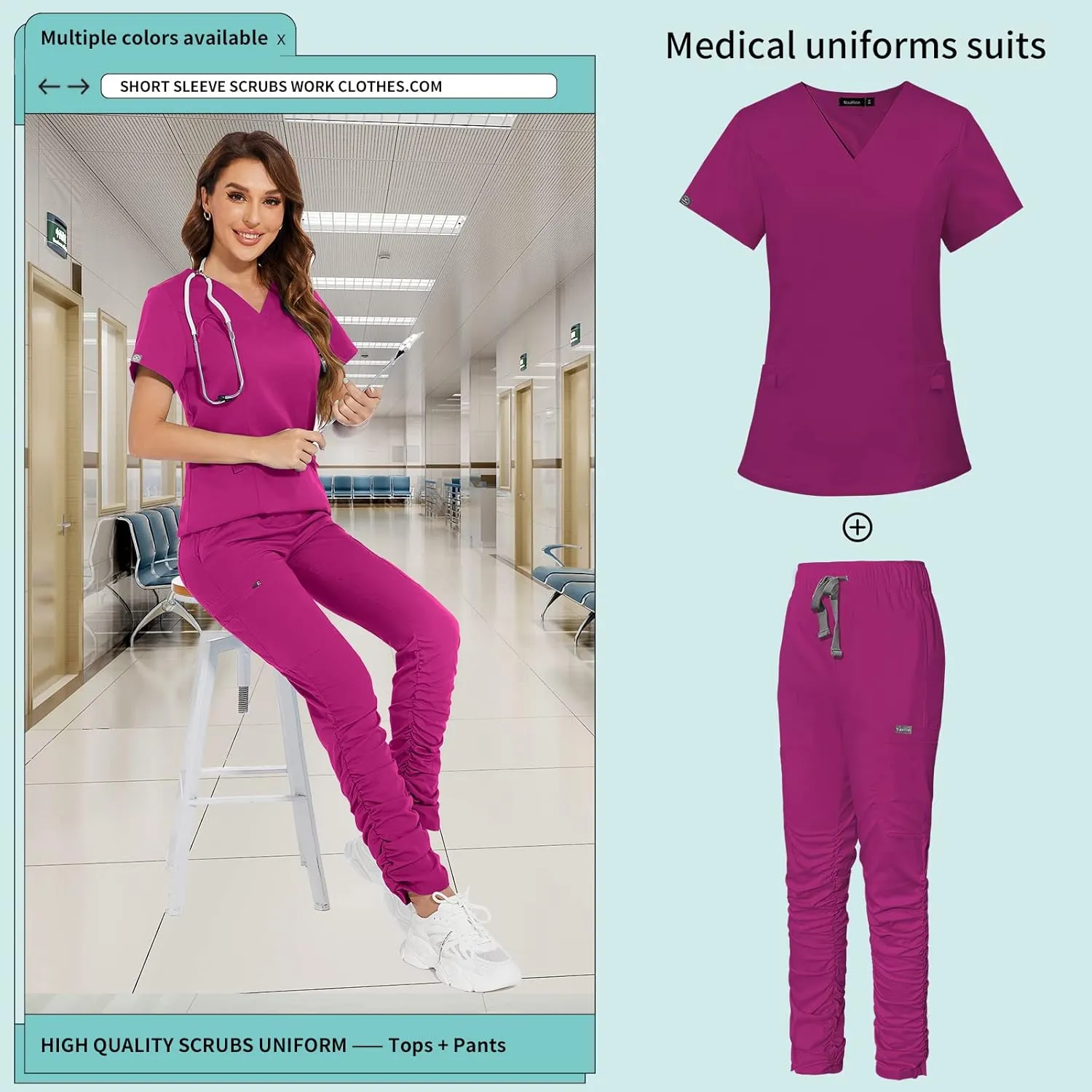 Niaahinn Classic V-Neck Scrub Set for Women - Top & Stylish Pants With Multi Pocket