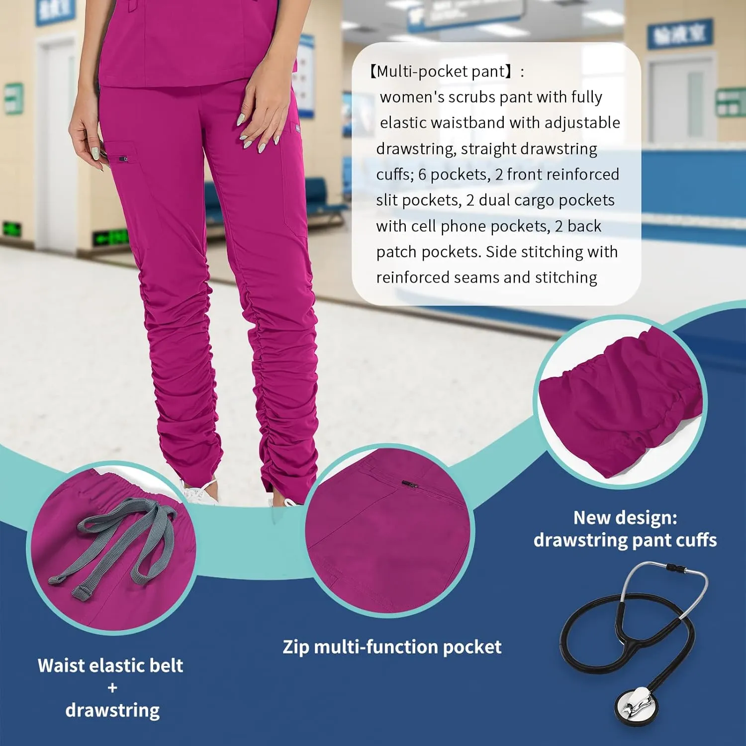 Niaahinn Classic V-Neck Scrub Set for Women - Top & Stylish Pants With Multi Pocket
