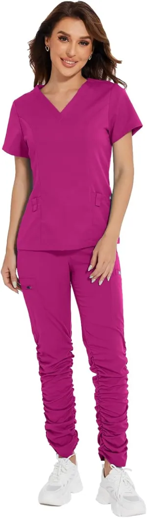 Niaahinn Classic V-Neck Scrub Set for Women - Top & Stylish Pants With Multi Pocket