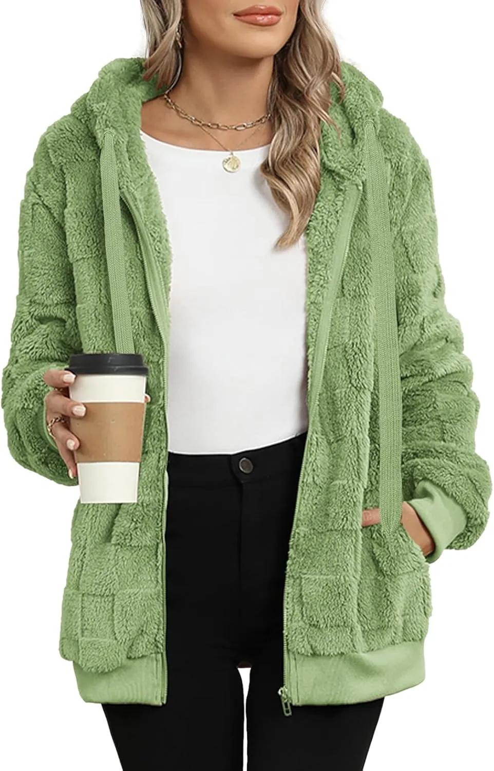 Nirovien Womens Sherpa Jacket Fuzzy Zip Up Hoodie Oversized Fleece Jackets Fluffy Coat with Pockets