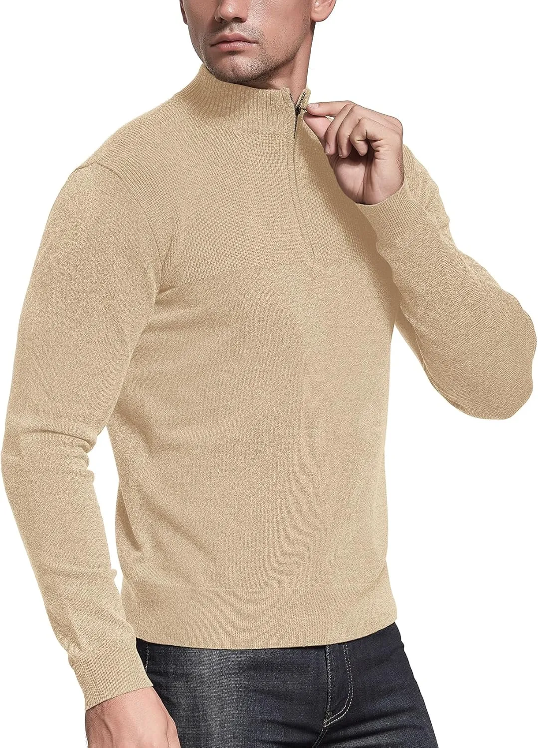 NITAGUT Mens Slim Fit Zip Up Mock Neck Polo Sweater Casual Long Sleeve Sweater and Pullover Sweaters with Ribbing Edge