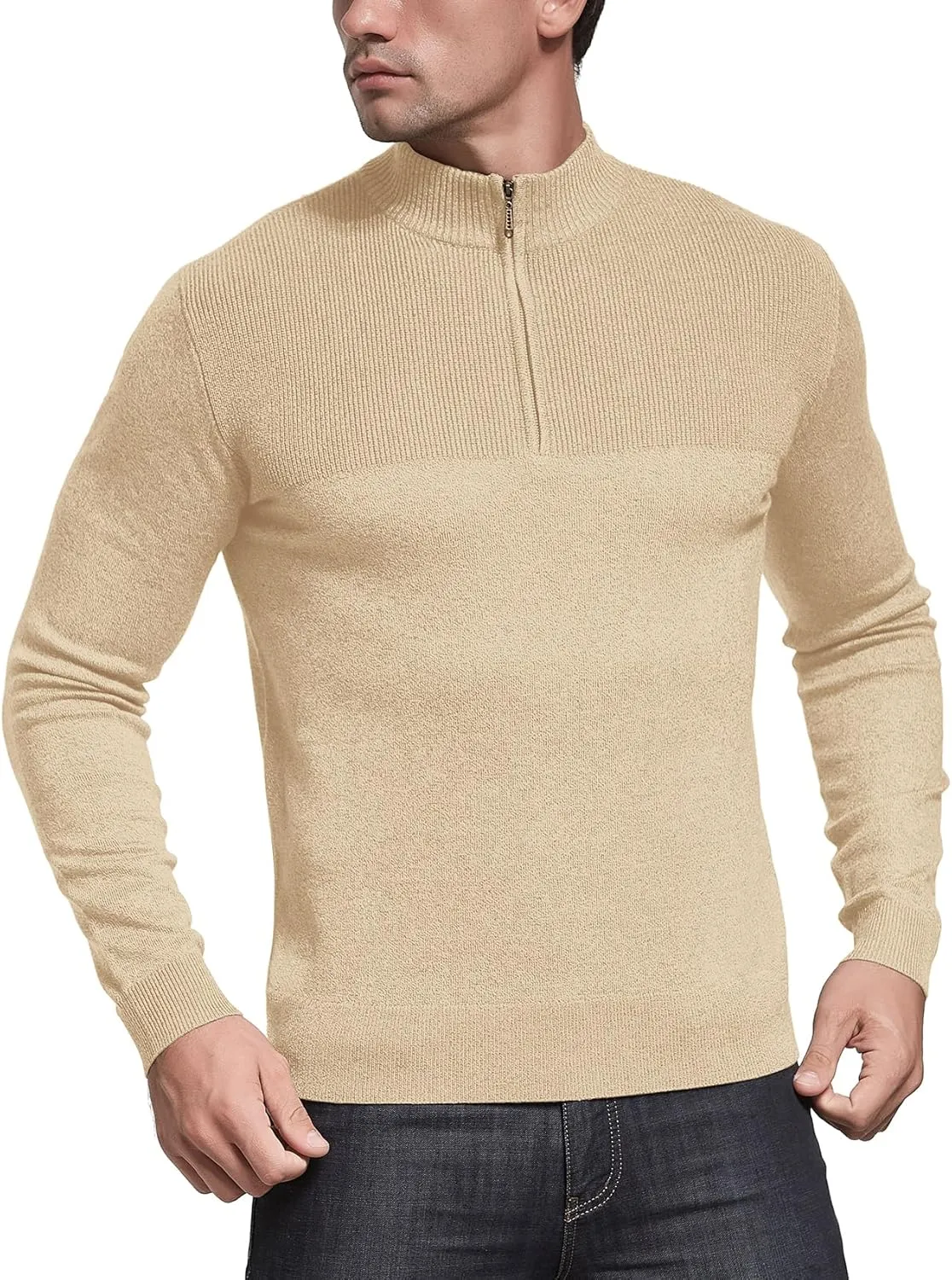 NITAGUT Mens Slim Fit Zip Up Mock Neck Polo Sweater Casual Long Sleeve Sweater and Pullover Sweaters with Ribbing Edge