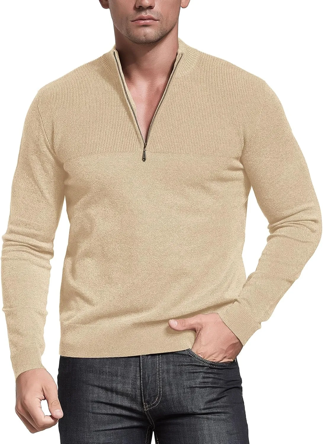 NITAGUT Mens Slim Fit Zip Up Mock Neck Polo Sweater Casual Long Sleeve Sweater and Pullover Sweaters with Ribbing Edge