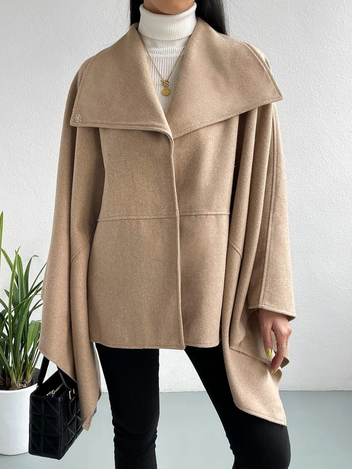 NOBRIM Jackets for Women - Waterfall Collar Cloak Sleeve Cape Coat (Color : Khaki, Size : Medium)