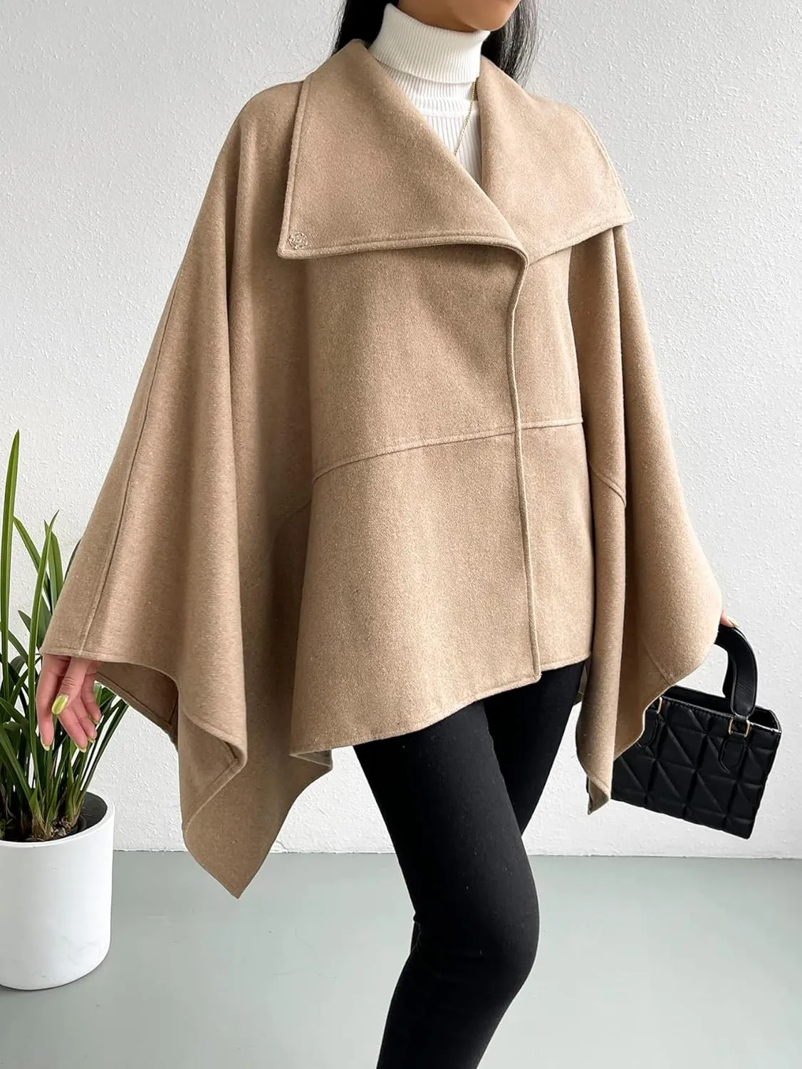 NOBRIM Jackets for Women - Waterfall Collar Cloak Sleeve Cape Coat (Color : Khaki, Size : Medium)