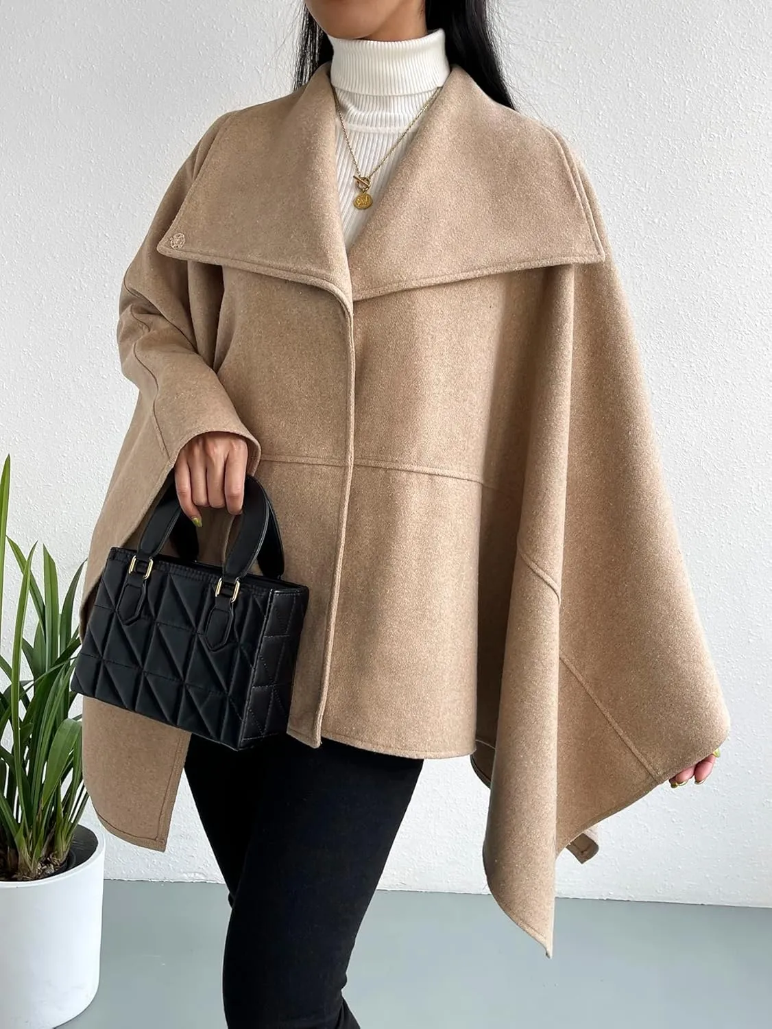NOBRIM Jackets for Women - Waterfall Collar Cloak Sleeve Cape Coat (Color : Khaki, Size : Medium)