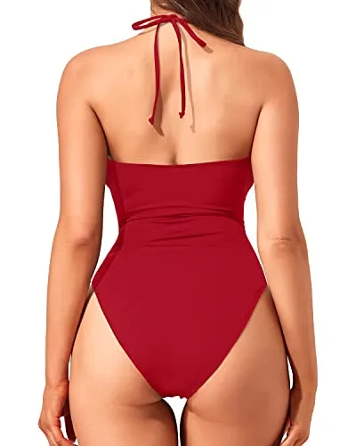 One Piece Plunge Criss Cross Halter Monokini Swimsuit For Women-Red