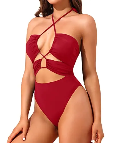 One Piece Plunge Criss Cross Halter Monokini Swimsuit For Women-Red