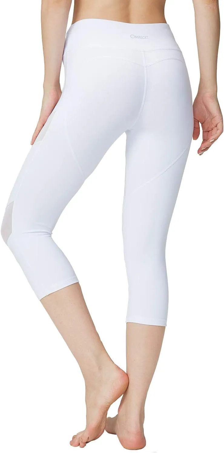 ONGASOFT High Waisted Yoga Capri Mesh Leggings for Women Soft Stretchy Running Workout Cropped Pants