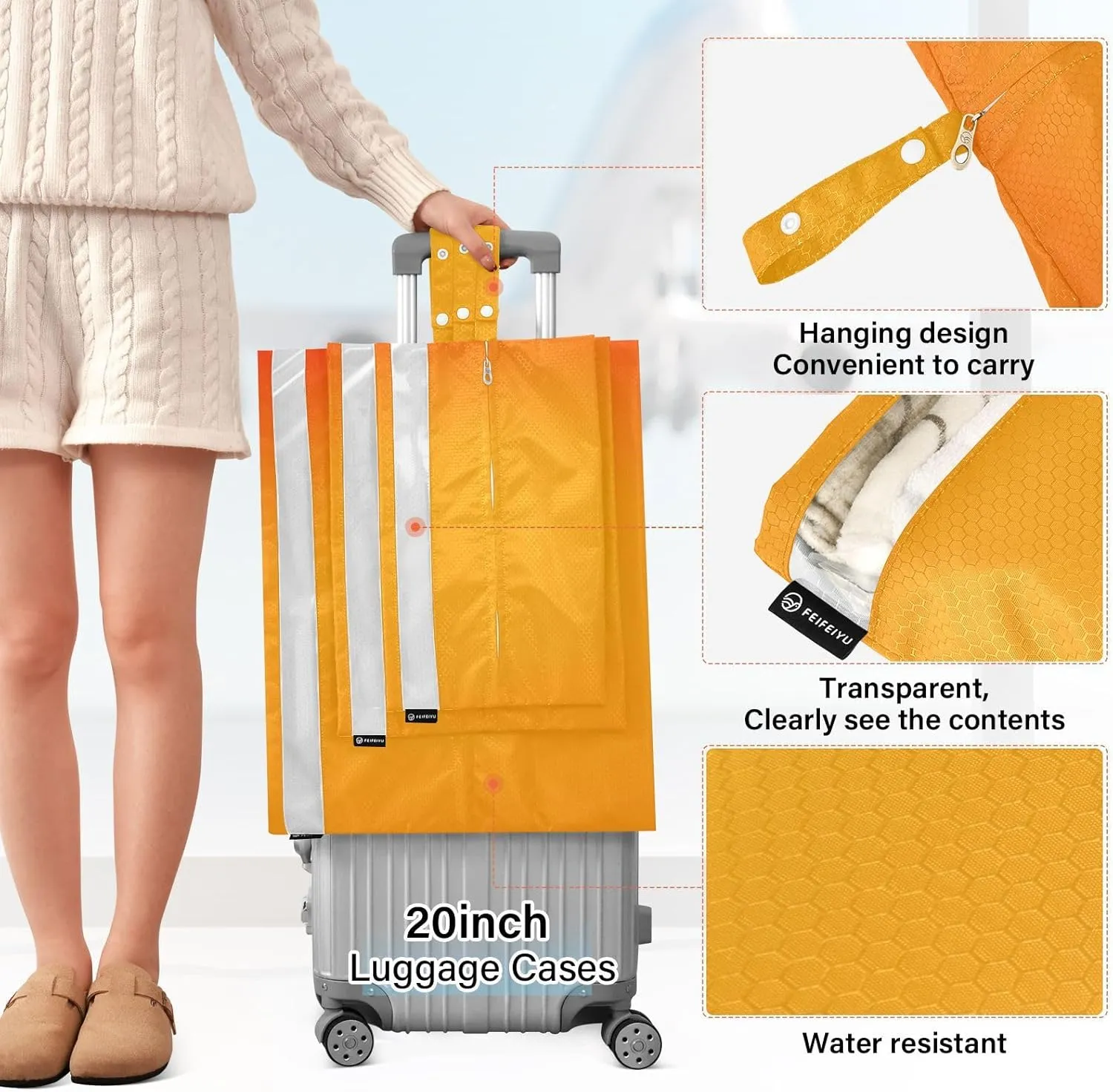 Orange 3 Set Travel Packing Cubes For Suitcases, Foldable, Garment Bag Closet Storage, Luggage Space Saver, Luggages Management Personnel