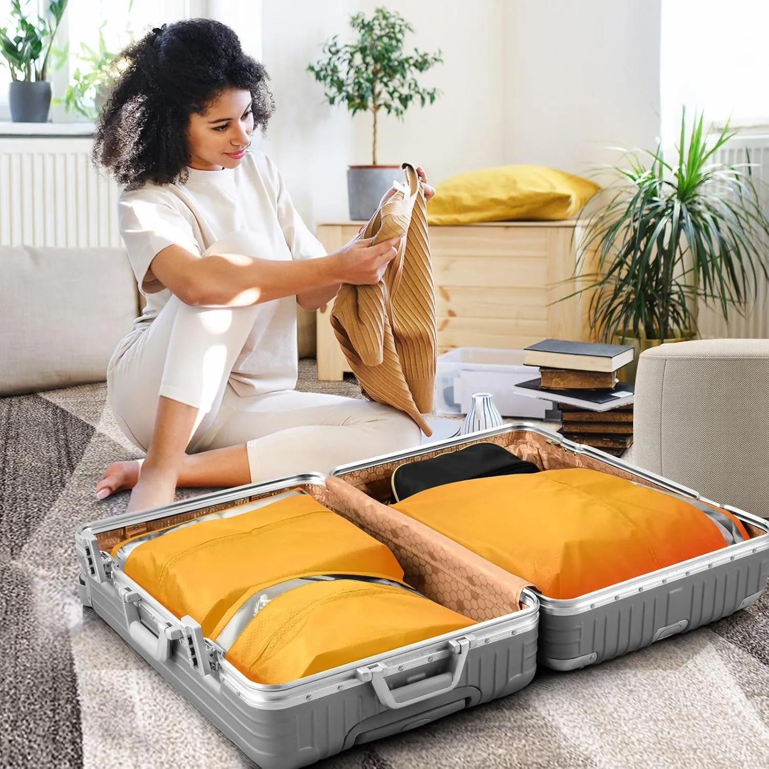 Orange 3 Set Travel Packing Cubes For Suitcases, Foldable, Garment Bag Closet Storage, Luggage Space Saver, Luggages Management Personnel