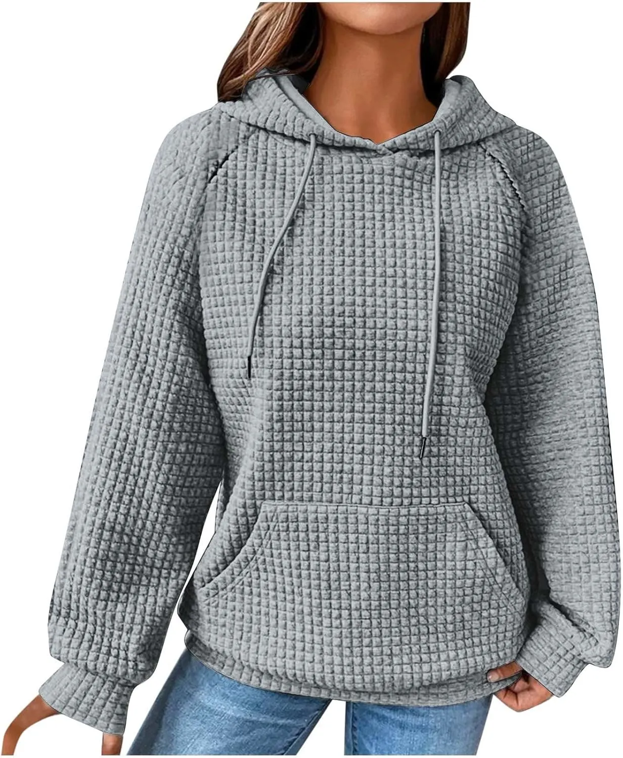 Oversized Waffle Knit Hoodie Sweatshirts for Women Causal Fall Fashion Clothes Solid Drawstring Pullover Hoodies