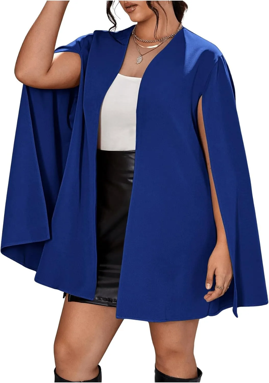 OYOANGLE Women's Plus Size Elegant Cape Blazer Split Long Sleeve Open Front Work Office Jacket Outerwear