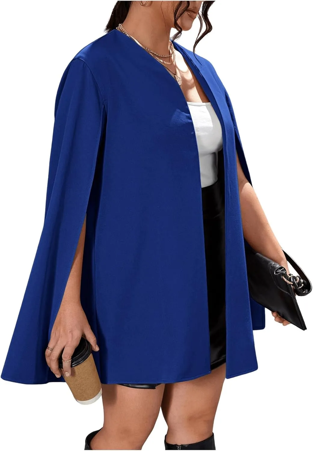 OYOANGLE Women's Plus Size Elegant Cape Blazer Split Long Sleeve Open Front Work Office Jacket Outerwear