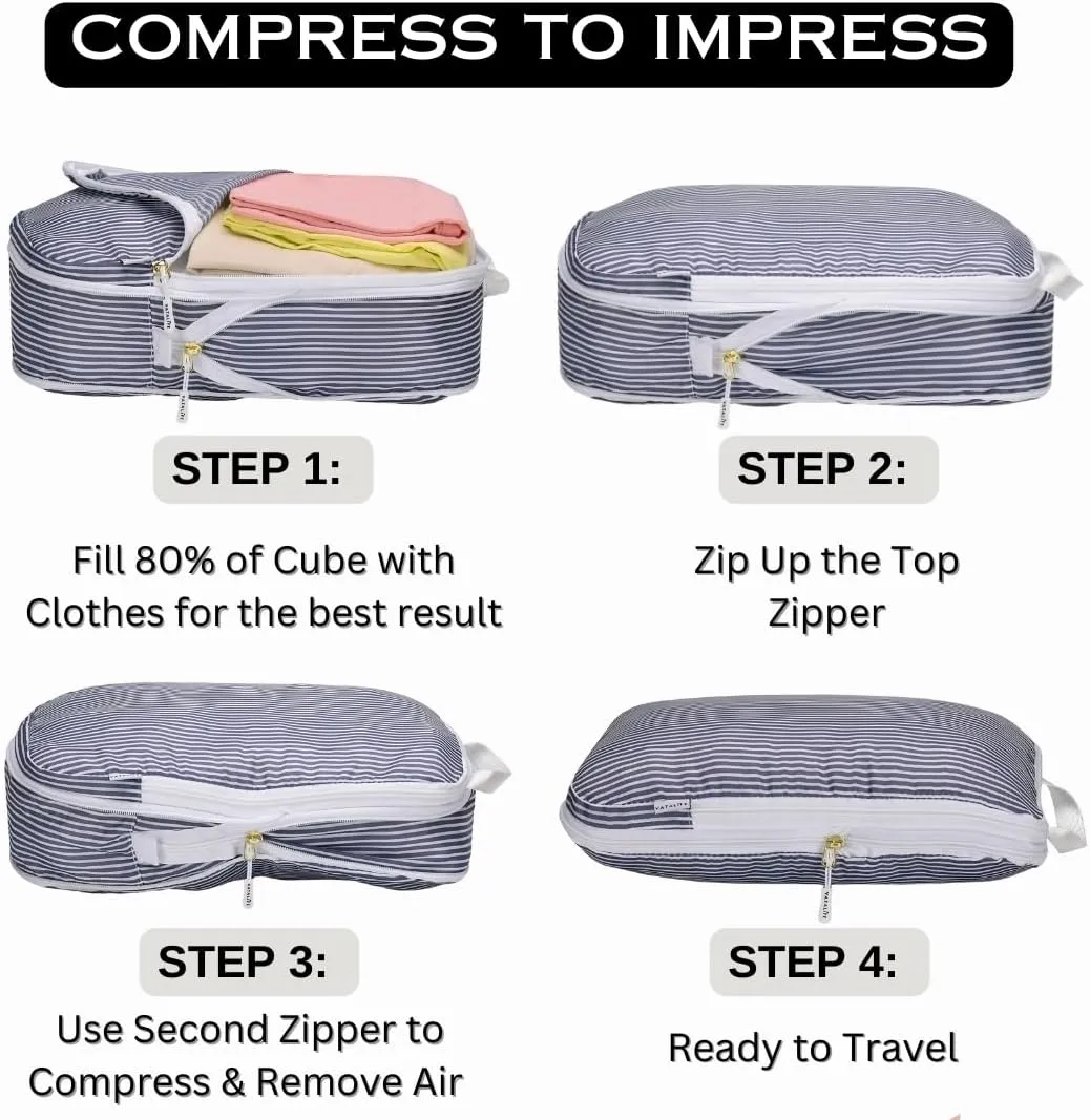 Packing Cubes Luggage Organizer Bags for Suitcase & Backpack, Compression Packing Cubes for Travel, Lightweight Luggage Organizers, Travel Cubes for Packing, Vacation Essentials, 3pc Set - Grey Stripe
